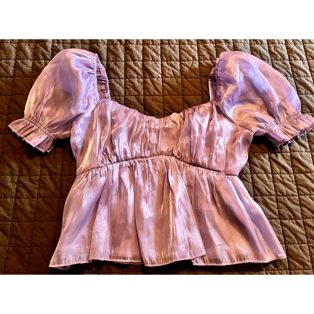 Thirty Thirty LA Lavender Shimmer Babydoll Puff Sleeve Square Neck Top Large